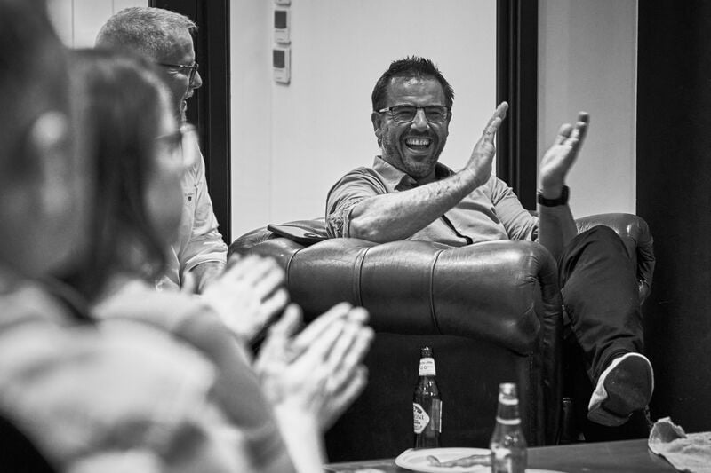STM AGENCY Summer social Sam laughing B&W